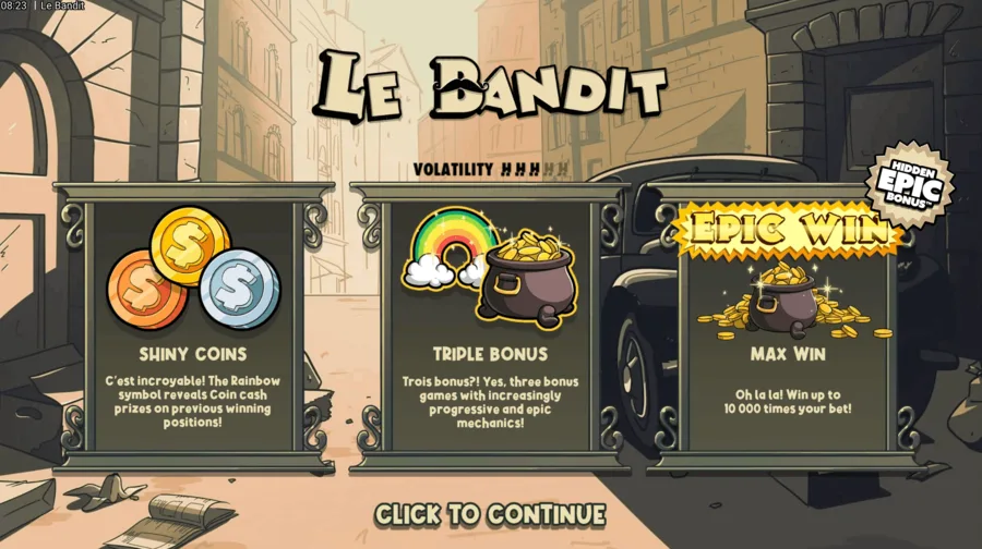 The Le Bandit start screen introducing Shiny Coins, the Triple Bonus and the maximum win
