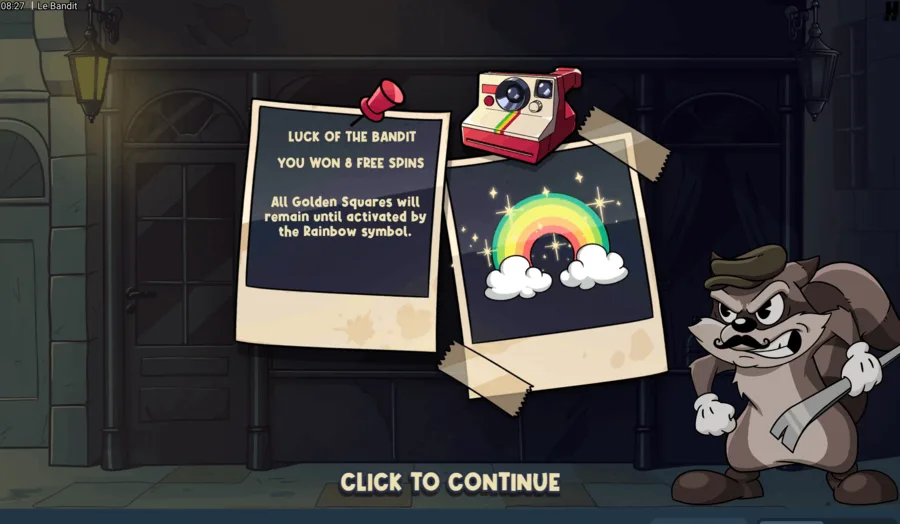 The Luck of the Bandit bonus screen with the raccoon and the free spins award
